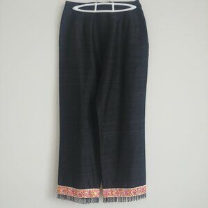 Holt Renfrew 100% silk black cropped ankle pants beaded floral trim size 8